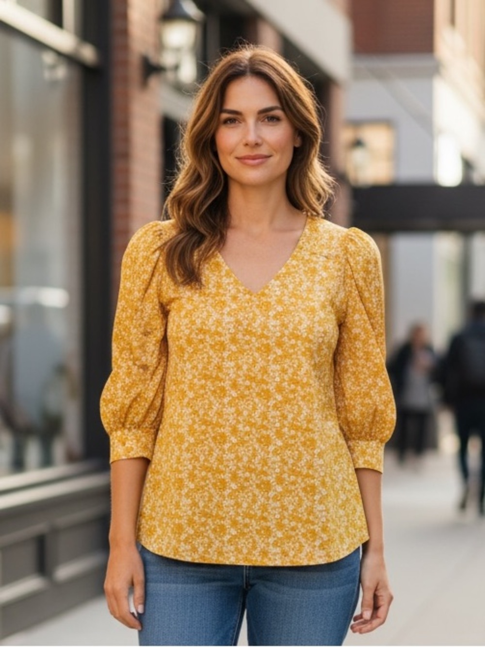 Adrianna Papell Yellow Floral Blouse Size Large Puff Sleeve Top